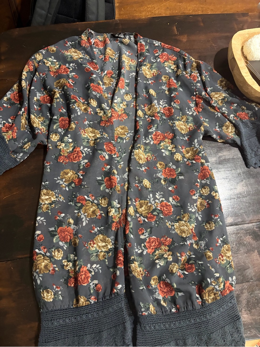 Angie Gray Floral Open-Front Kimono with Red & Gold Roses